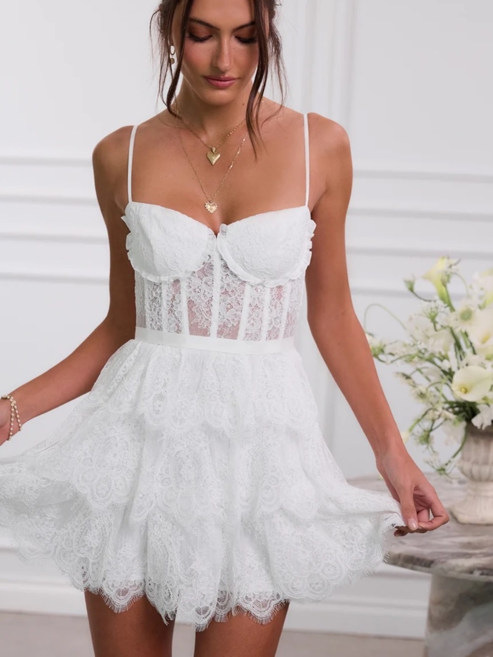 V. Chapman White Chantilly Lace Mini Dress with Corset Bodice